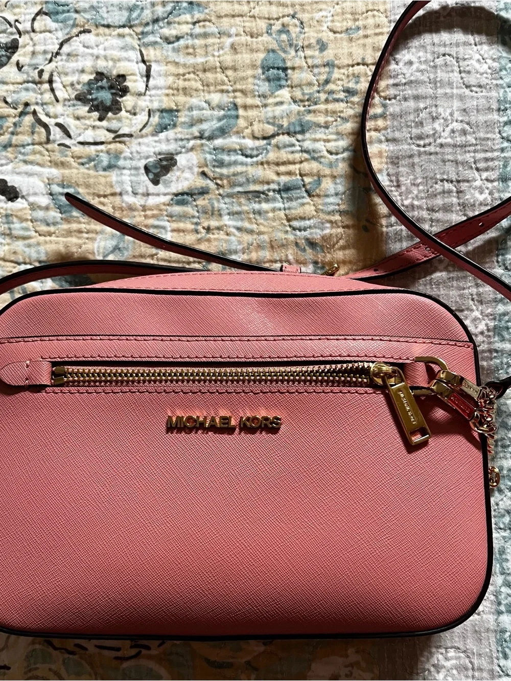 Michael Kors Coral Pink Leather Crossbody Camera Bag with Gold Hardware